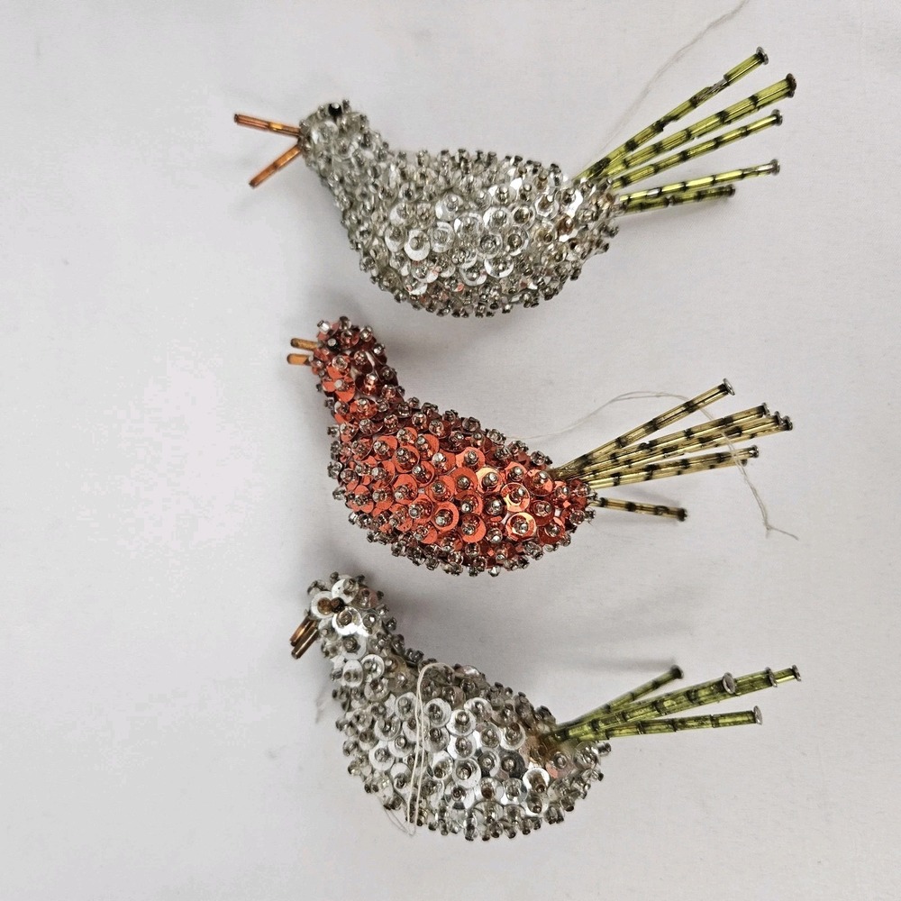 Vintage Beaded Push Pin Ornaments Set Of 3 Sequin Birds Christmas Tree Decor